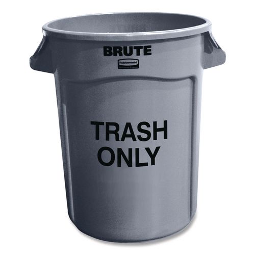 Rubbermaid Commercial Vented Round Brute Container, "Trash Only" Imprint, 32 gal, Plastic, Gray