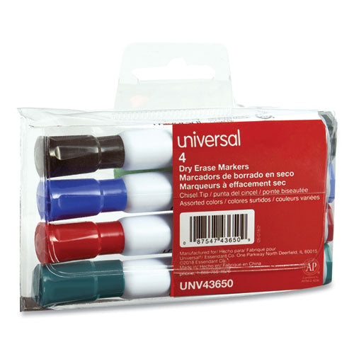 Universal Dry Erase Marker, Broad Chisel Tip, Assorted Colors, 4/Set