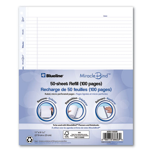 Blueline Ruled Paper Refill Sheets for all MiracleBind Notebooks and Planners, 11 x 9.06, White/Blue Sheets, Undated, 50/Pack