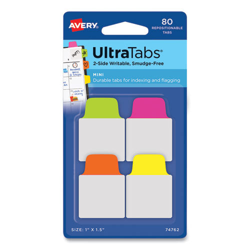 Avery Ultra Tabs Repositionable Tabs, Mini Tabs: 1" x 1.5", 1/5-Cut, Assorted Neon Colors, 80/Pack