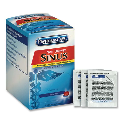 PhysiciansCare Non-Drowsy Sinus Decongestant Congestion Medication, One Tablet/Pack, 50 Packs/Box