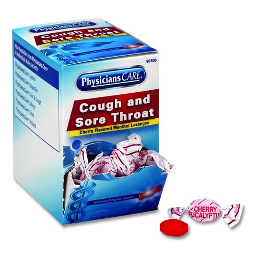 PhysiciansCare Cough and Sore Throat, Cherry Menthol Lozenges, Individually Wrapped, 50/Box