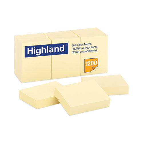 Highland Self-Stick Notes, 1.38" x 1.88", Yellow, 100 Sheets/Pad, 12 Pads/Pack