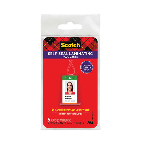 Scotch Self-Sealing Laminating Pouches, 12.5 mil, 2.81" x 4.5", Gloss Clear, 5/Pack