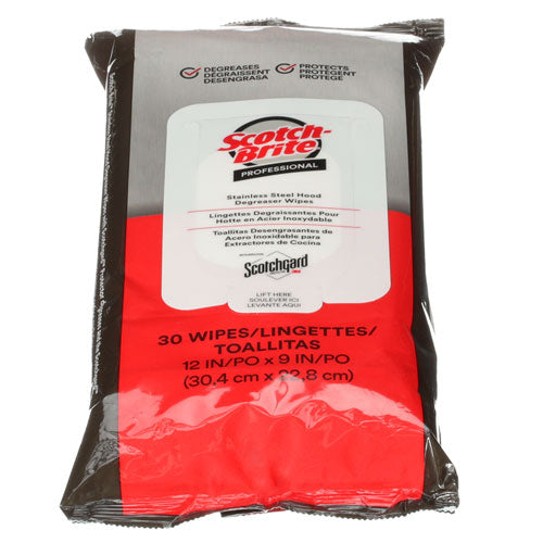 Scotch-Brite Stainless Steel Hood Degreaser Wipes, 1-Ply, 9 x 12, Unscented, White, 30 Wipes/Pack, 6 Packs/Carton