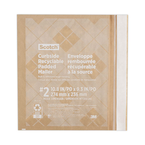Scotch Curbside Recyclable Padded Mailer, #2, Bubble Cushion, Self-Adhesive Closure, 11.25 x 12, Natural Kraft, 100/Carton
