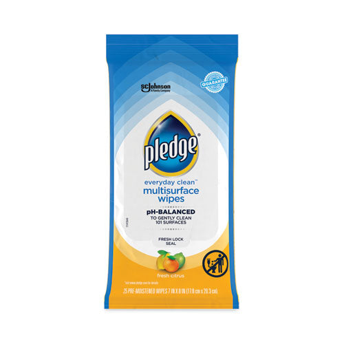 Pledge Multi-Surface Cleaner Wet Wipes, Cloth, 7 x 10, Fresh Citrus, White, 25 Wipes