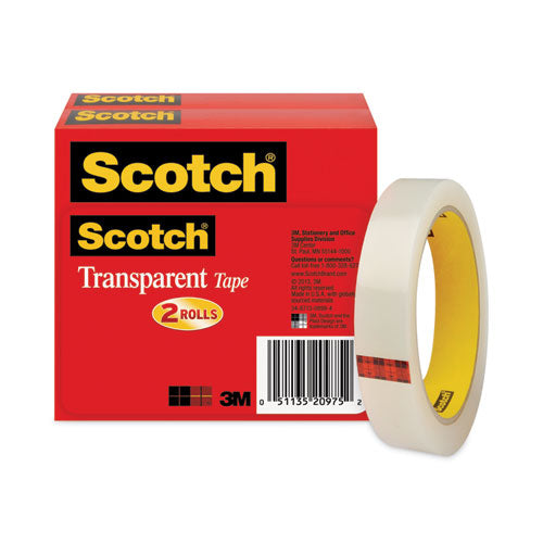 Scotch Transparent Tape, 3" Core, 0.75" x 72 yds, Transparent, 2/Pack