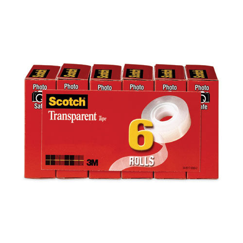 Scotch Transparent Tape, 1" Core, 0.75" x 36 yds, Transparent, 6/Pack