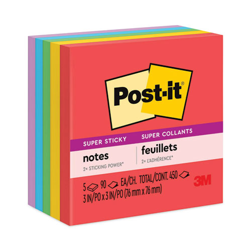 Post-it Notes Super Sticky Pads in Playful Primary Collection Colors, 3" x 3", 90 Sheets/Pad, 5 Pads/Pack