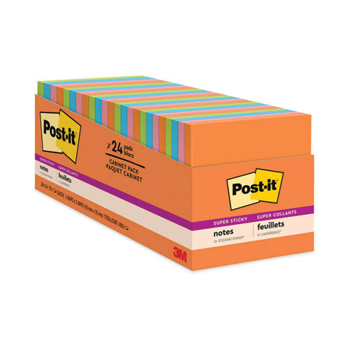Post-it Notes Super Sticky Pads in Energy Boost Collection Colors, Cabinet Pack, 3" x 3", 70 Sheets/Pad, 24 Pads/Pack