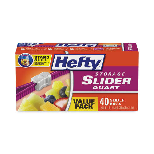 Hefty Slider Stand and Fill Food Storage Bags, Quart, 1.5 mil, 8" x 7", Clear, 40/Box