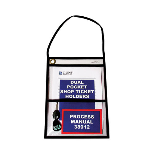 C-Line Stitched Shop Ticket Holders, 22" Hang Strap, Super Heavy-Duty, 9 x 6 and 9 x 12 Inserts, Clear Front, Black Border, 15/Box