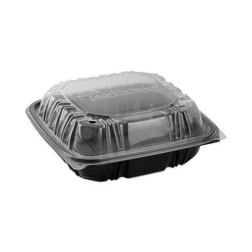 Pactiv Evergreen EarthChoice Vented Dual Color Microwavable Hinged Lid Container, 3 Compartments, 33 oz, Black/Clear, Plastic, 150/Carton