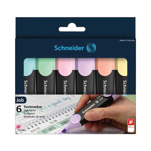 Schneider Job Pastel Highlighters, Chisel Tip (1mm/5mm), Assorted Ink Colors, Black/Assorted Barrel Colors, 6/Pack
