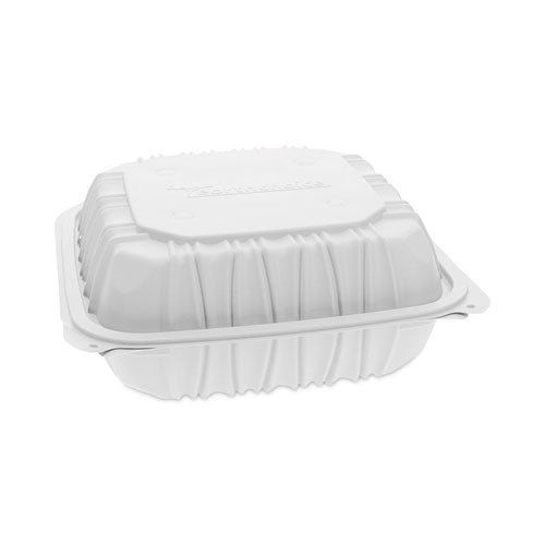Pactiv Evergreen EarthChoice Vented Microwavable MFPP Hinged Lid Container, 3 Compartments, 8.4 x 8.7 x 3.1, White, Plastic, 146/Carton