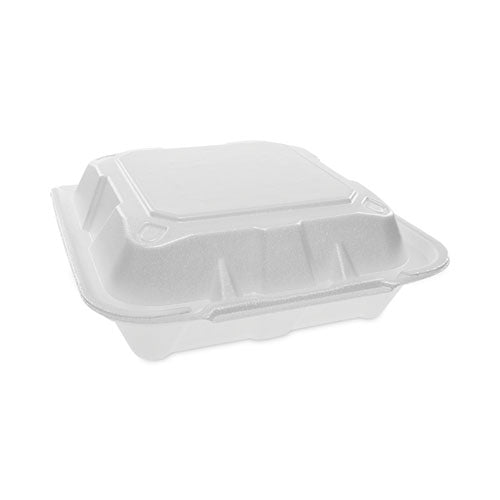 Pactiv Evergreen Vented Foam Hinged Lid Container, Dual Tab Lock, 8.4 x 8 x 3, White, 150/Carton