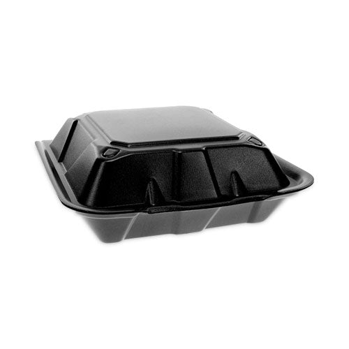 Pactiv Evergreen Vented Foam Hinged Lid Container, Dual Tab Lock, 9.1 x 9 x 3.3, Black, 150/Carton