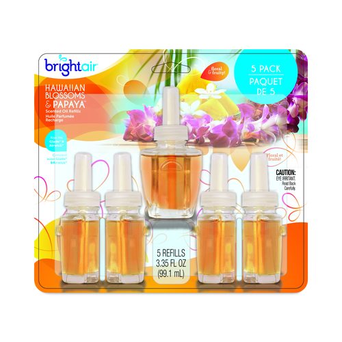 BRIGHT Air Electric Scented Oil Air Freshener Refill, Hawaiian Blossoms and Papaya, 0.67 oz Bottle, 5/Pack, 6 Pack/Carton