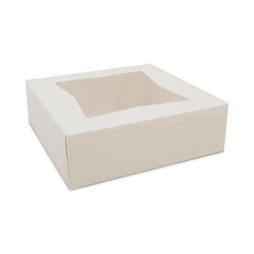 SCT White Window Bakery Boxes with Attached Flip Top, 4-Corner Beers Design, 8 x 8 x 2.5, White, Paper, 200/Carton