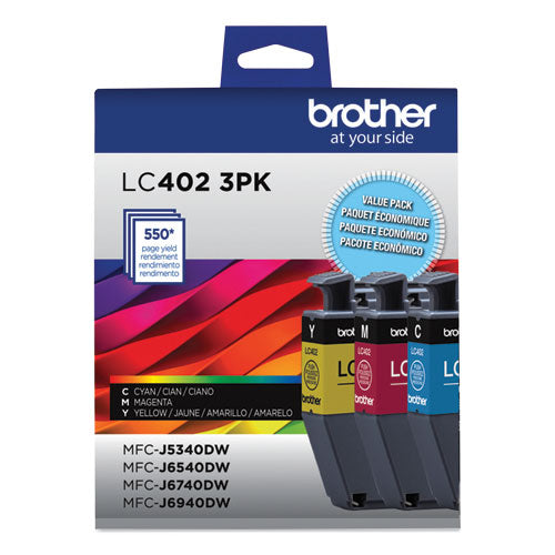 Brother LC4023PKS Ink, 550 Page-Yield, Cyan/Magenta/Yellow, 3/Pack