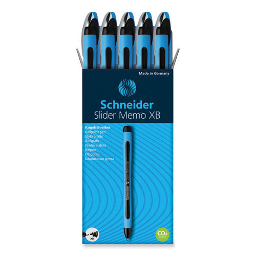 Schneider Slider Memo XB Ballpoint Pen, Stick, Extra-Bold 1.4 mm, Black Ink, Black/Light Blue Barrel, 10/Box