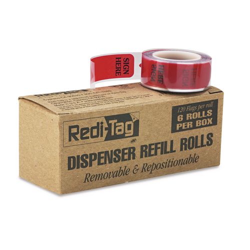 Redi-Tag Arrow Message Page Flag Refills, "Sign Here", 120 Flags/Roll, 6 Rolls/Box