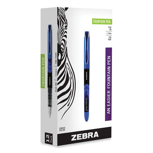Zebra Fountain Pen, Fine 0.6 mm, Blue Ink, Black/Blue Barrel, 12/Pack