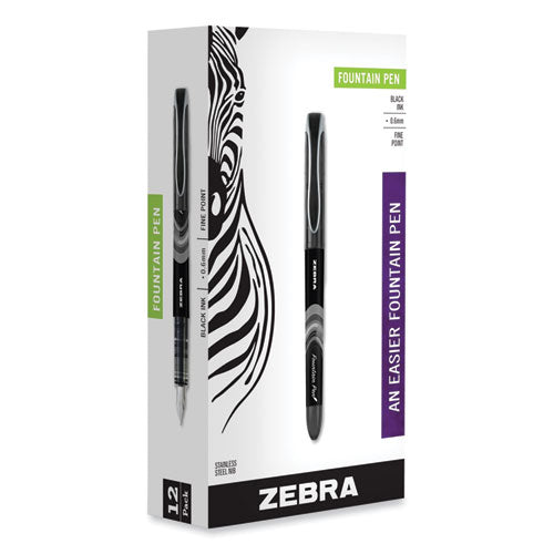 Zebra Fountain Pen, Fine 0.6 mm, Black Ink, Black/Gray Barrel, 12/Pack
