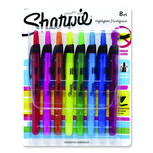 Sharpie Retractable Highlighters with Storage Pouch, Assorted Ink Colors, Chisel Tip, Assorted Barrel Colors, 8/Set