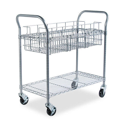 Safco Dual-Purpose Wire Mail and Filing Cart, Metal, 1 Shelf, 1 Bin, 39" x 18.75" x 38.5", Metallic Gray