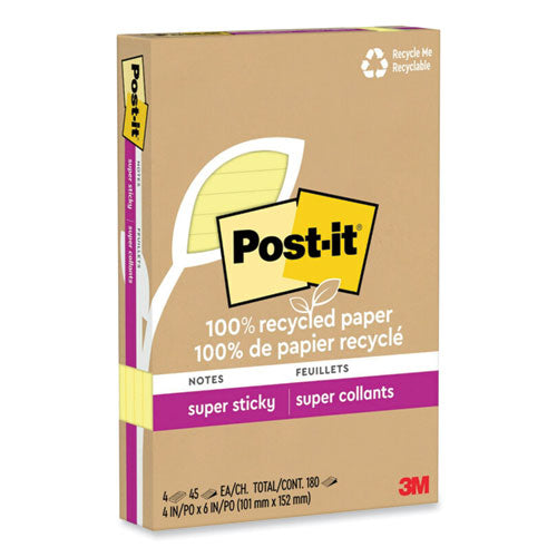 Post-it Notes Super Sticky 100% Recycled Paper Super Sticky Notes, Ruled, 4" x 6", Canary Yellow, 45 Sheets/Pad, 4 Pads/Pack