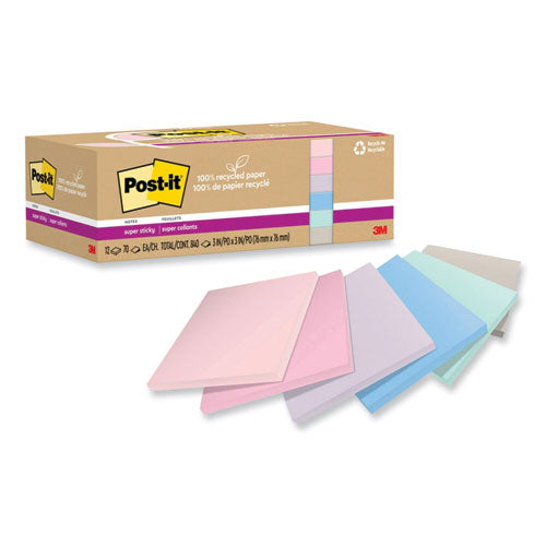 Post-it Notes Super Sticky 100% Recycled Paper Super Sticky Notes, 3" x 3", Wanderlust Pastels, 70 Sheets/Pad, 12 Pads/Pack