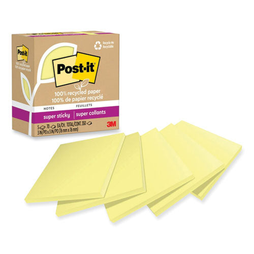Post-it Notes Super Sticky 100% Recycled Paper Super Sticky Notes, 3" x 3", Canary Yellow, 70 Sheets/Pad, 5 Pads/Pack