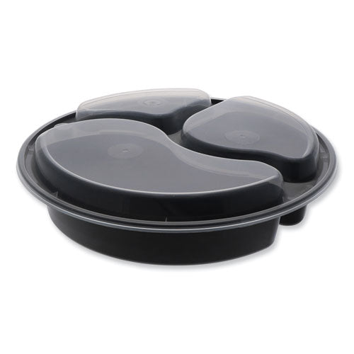 Pactiv Evergreen Newspring VERSAtainer Microwavable Containers, Round, 3 Compartment, 39 oz, 9.5 x 9.5 x 2.3, Black/Clear, Plastic, 150/Carton