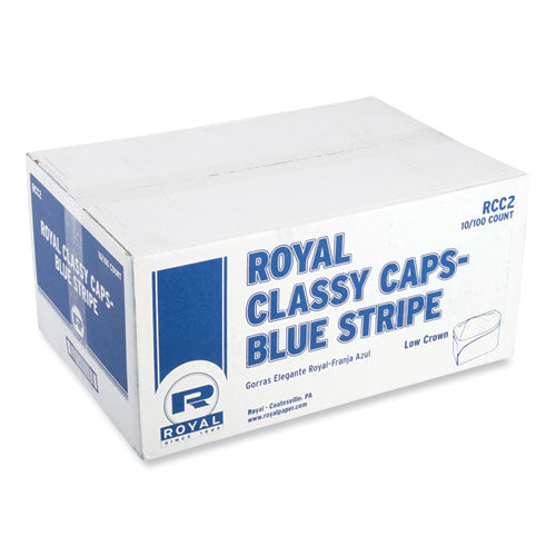 AmerCareRoyal Classy Cap, Crepe Paper, Adjustable, One Size Fits All, White/Blue Stripe, 100 Caps/Pack, 10 Packs/Carton