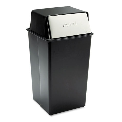 Safco Reflections Push Top Square Receptacle, 36 gal, Steel, Black/Chrome