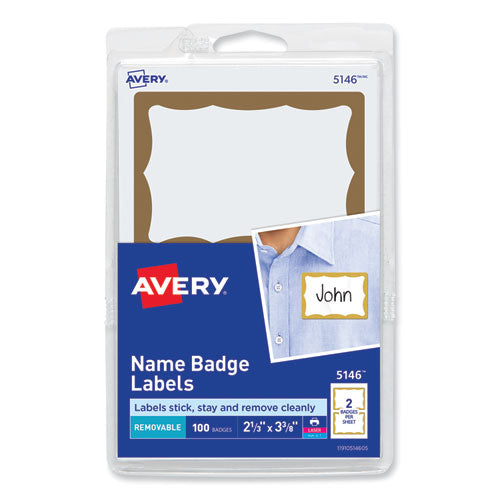 Avery Printable Adhesive Name Badges, 3.38 x 2.33, Gold Border, 100/Pack