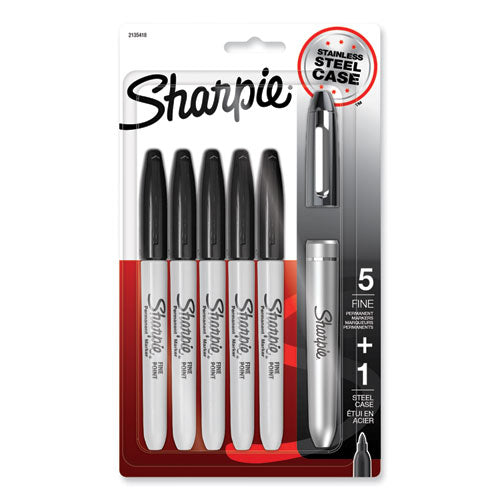 Sharpie Fine Tip Permanent Marker, Stainless Steel Single Marker Case, Fine Bullet Tip, Black, 5/Pack