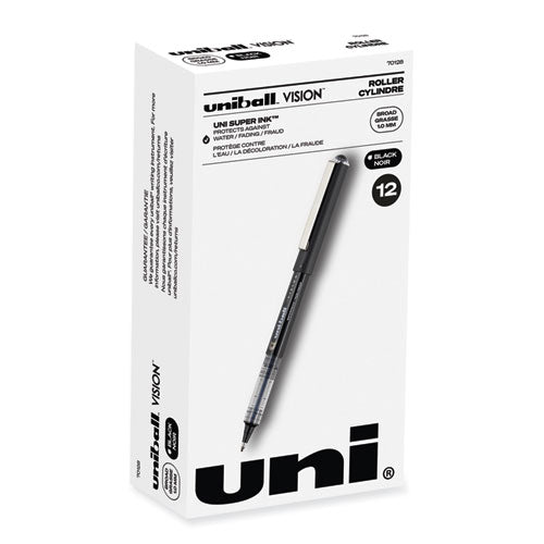 uniball VISION Rollerball Pen, Stick, Bold 1 mm, Black Ink, Gray/Black/Clear Barrel, Dozen