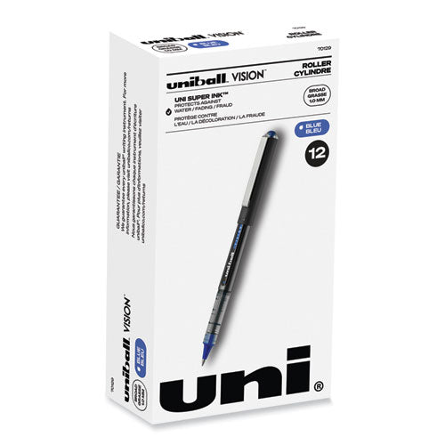 uniball VISION Rollerball Pen, Stick, Bold 1 mm, Blue Ink, Black/Blue/Clear Barrel, Dozen