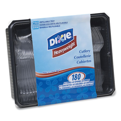 Dixie Cutlery Keeper Tray with Clear Plastic Utensils, Heavyweight, Fork/Knife/Spoon, Plastic, Crystal Clear, 180/Pack