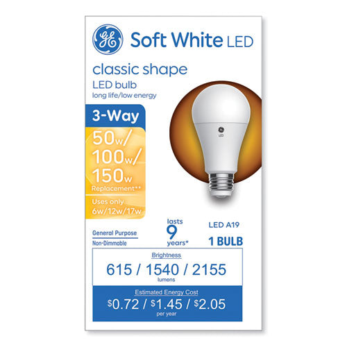 GE Classic LED SW Non-Dim A19 Light Bulb, 3-Way: 6 W - 12 W - 17 W, Soft White
