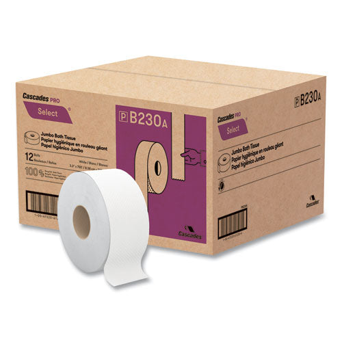 Cascades PRO Select Jumbo Bath Tissue, Septic Safe, 2-Ply, 3.3" x 750 ft, White, 12 Rolls/Carton