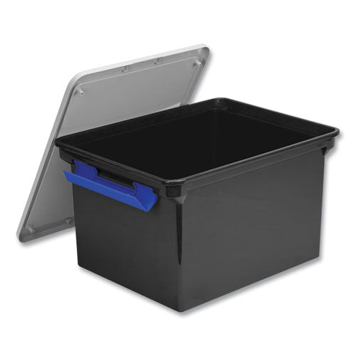 Storex Tote with Locking Handles, Legal/Letter, 13.9" x 18.3 x 10.6", Black/Silver/Blue, 4/Carton