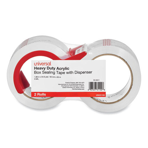 Universal Heavy-Duty Acrylic Box Sealing Tape with Dispenser, 3" Core, 1.88" x 54.6 yds, Clear, 2/Pack