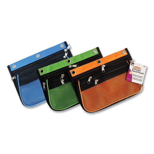 Charles Leonard Three-Pocket Binder-Insertable Expandable Pencil Pouch, 3 Compartments, 3-Hole Punched, 10.25" x 7.5", Assorted, 3/Pack