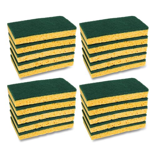 Boardwalk Medium-Duty Scrubbing Sponge, Individually Wrapped, 3.6 x 6.1, 0.75" Thick, Yellow/Green, 20/Carton