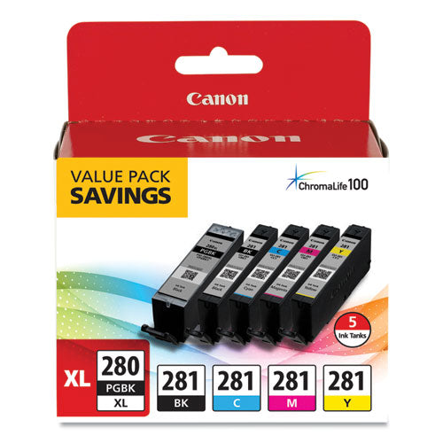 Canon 2021C007 (CLI-281; PGI-280 XL) ChromaLife100+ Ink, Black XL/Black/Cyan/Magenta/Yellow, 5/Pack