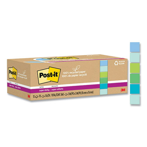 Post-it Notes Super Sticky 100% Recycled Paper Super Sticky Notes, Unruled, 3" x 3", Assorted Oasis Colors, 70 Sheets/Pad, 12 Pads/Pack